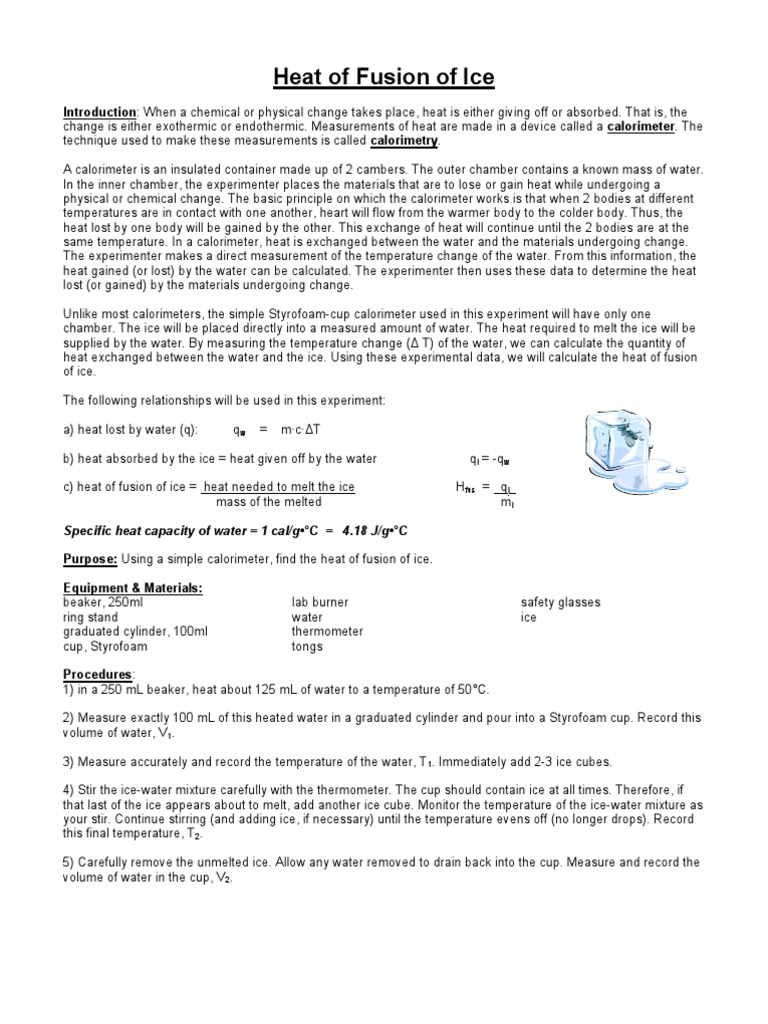 Heat of Fusion of Ice PDF Heat Calorimetry