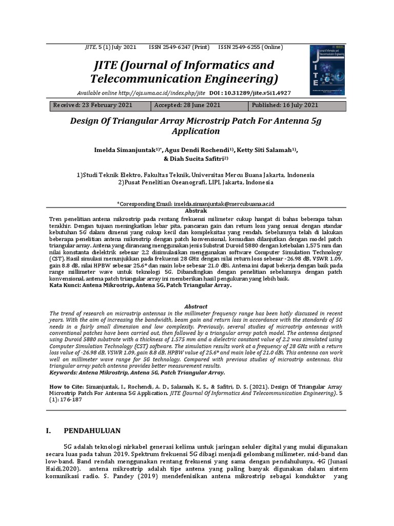 Design of Triangular Array Microstrip Patch For Antenna 5g Application ...
