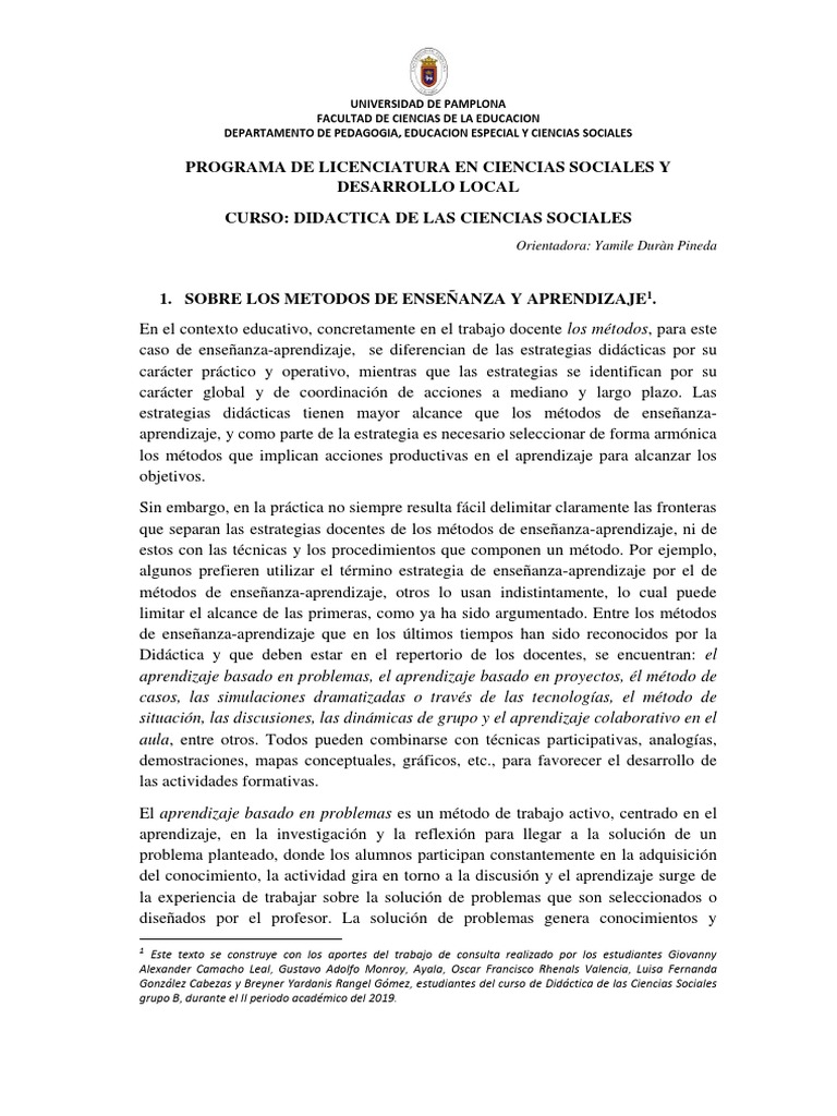 Métodos de Enseñanza en Ciencias Sociales | PDF | Método de enseñanza ...