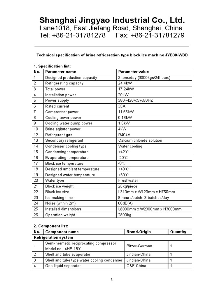 Technical specification of brine refrigeration type block ice machine