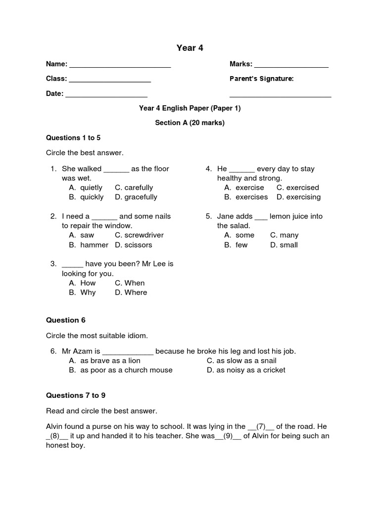 Year 4 English Exam Paper | PDF | Pen