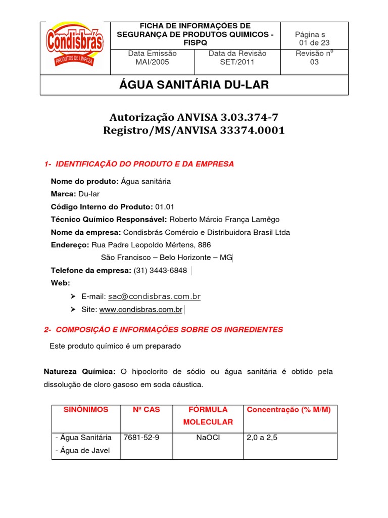 Água Sanitaria - Dular Condibrás | PDF | Ácido clorídrico | Química