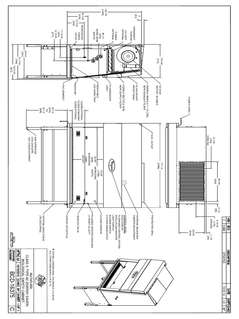 Product specifications and dimensions for a biological safety