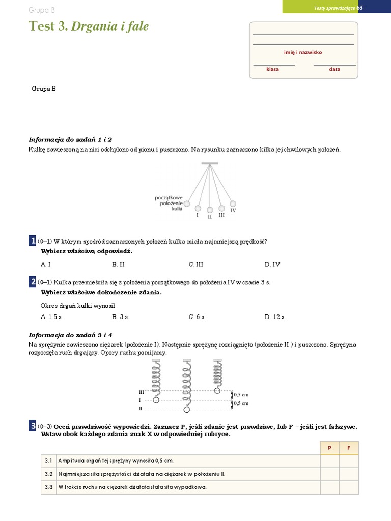 Test Z Fizyki Klasa 8 Dział 1 Fizyka 8ab Test Sprawdzajacy Drgania I Fale Grupa B | PDF