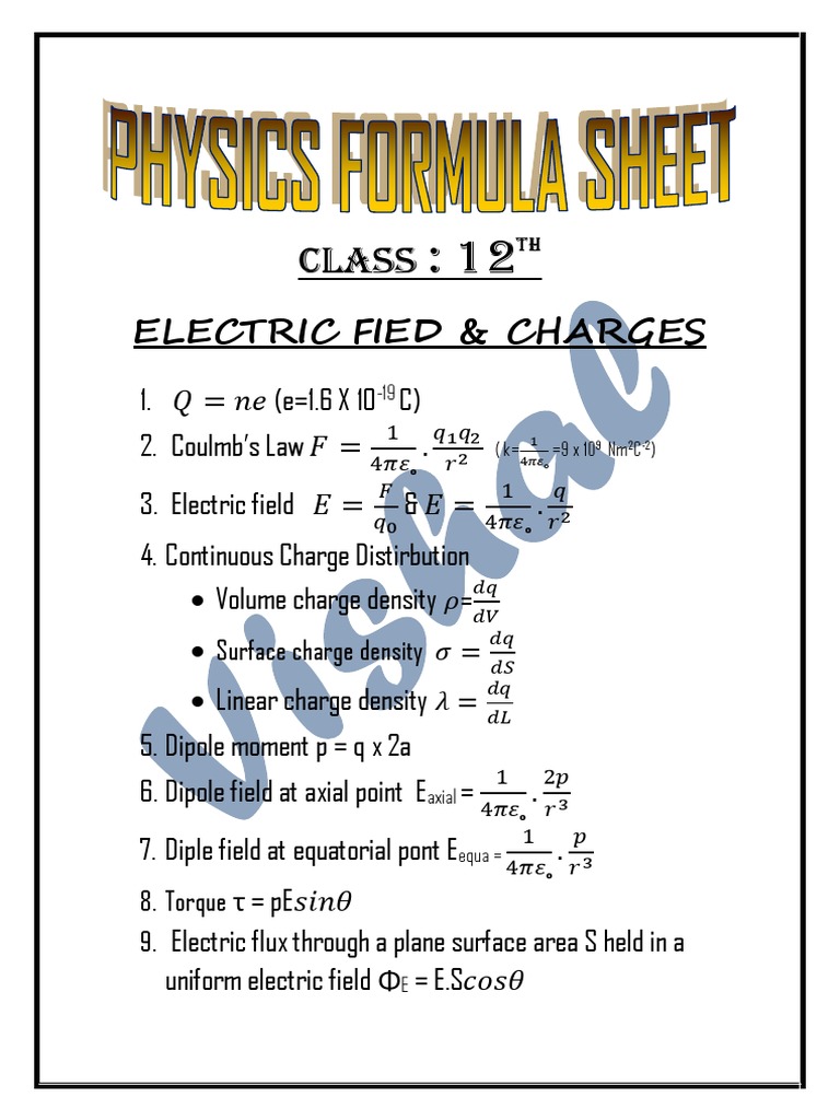 Class 12 Electric Charges & Fields Formulas | PDF | Electric Field ...