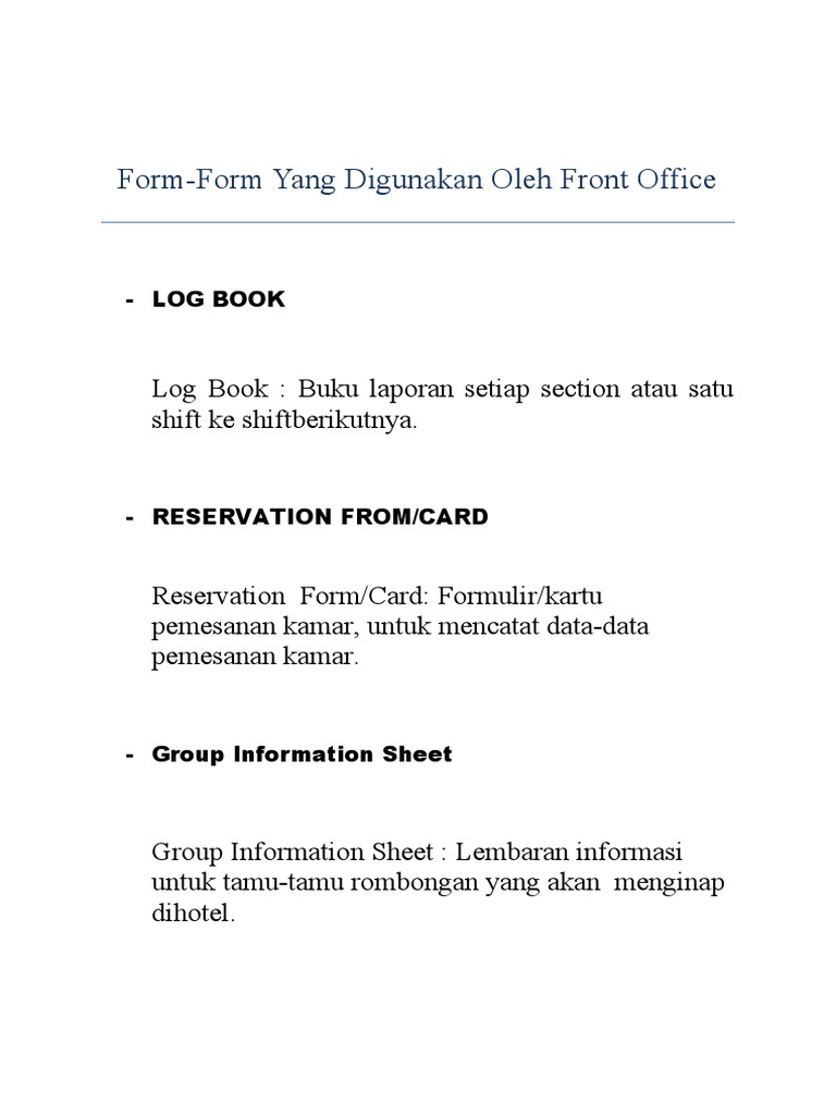 FORMULIR DAN PERALATAN FRONT OFFICE | PDF