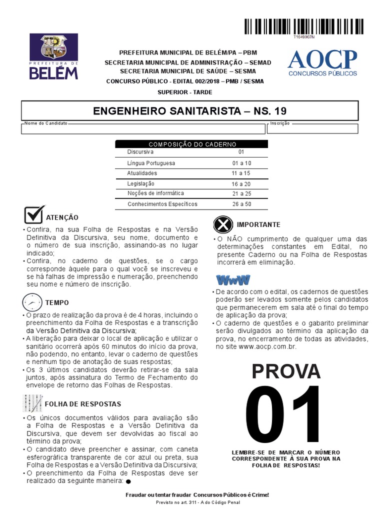 Aocp 2018 Prefeitura de Belem Pa Engenheiro Sanitarista Prova | PDF