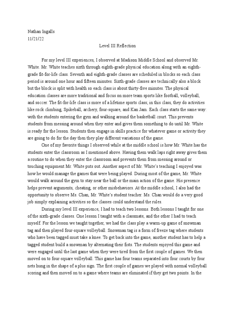 Level III Reflection PDF Volleyball Teachers