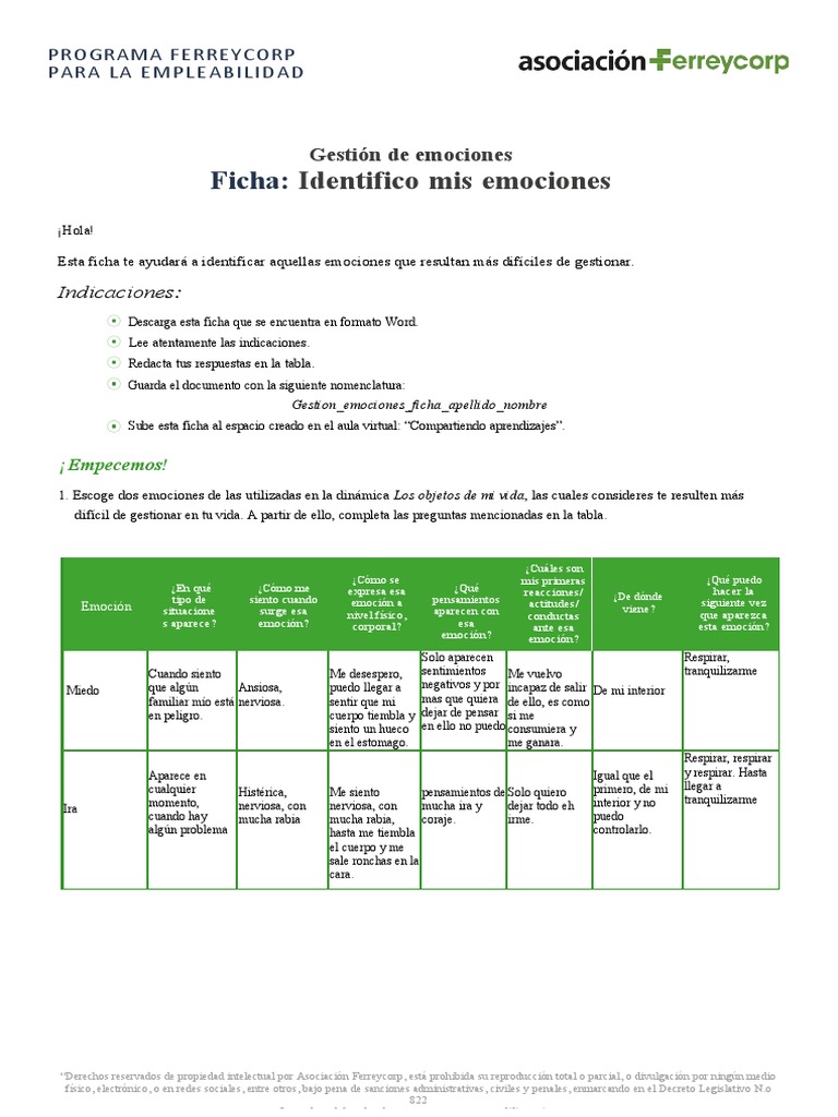 Gestion de Emociones Ficha | PDF | Las emociones | Sicología