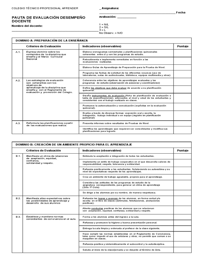 Pauta de Evaluacion de Despeno Docente | PDF | Evaluación | Maestros