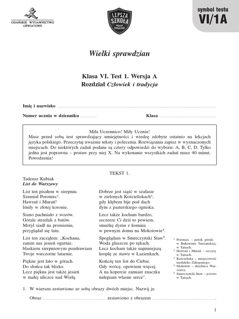 J Polski Miedzy Nami Kl 6 Sprawdzian Z J.polskiego Klasa 6 | PDF