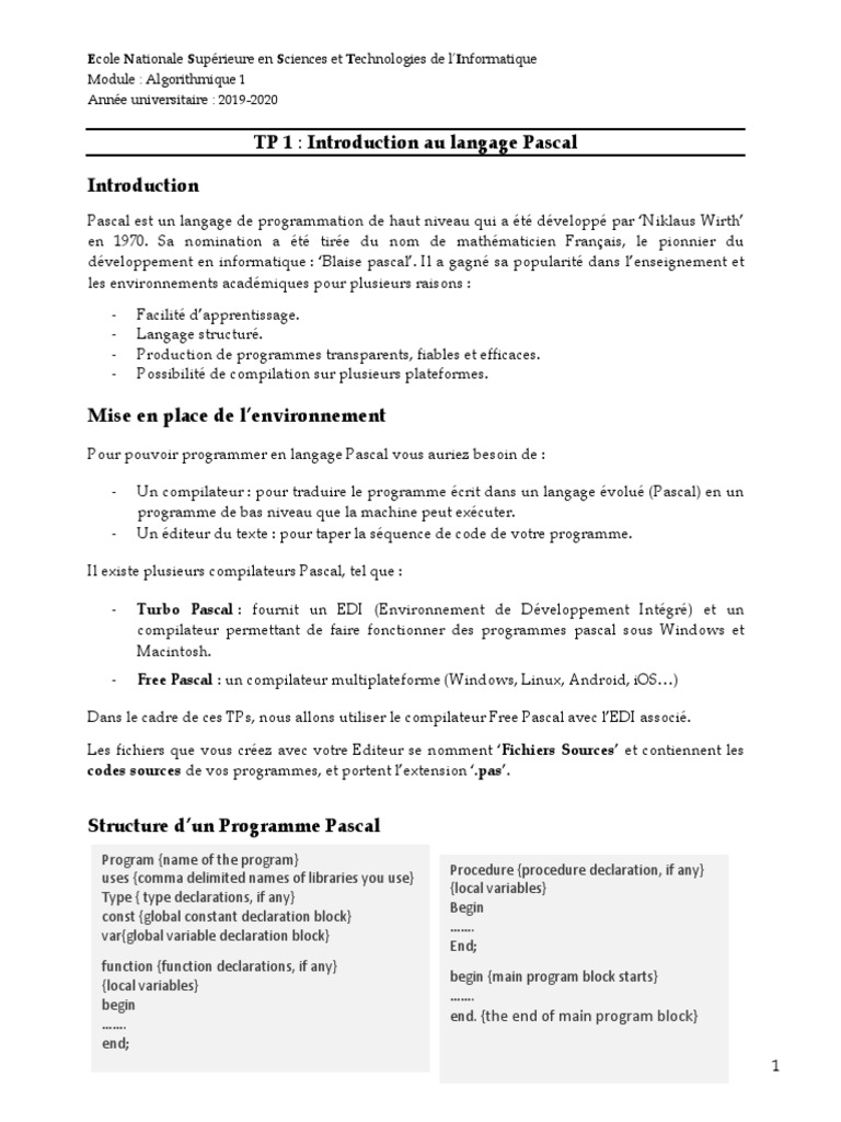Introduction au langage Pascal en TP | PDF | Compilateur | Gestion ...