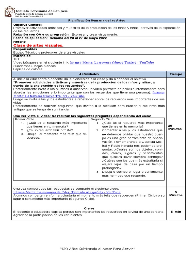 Actividad Semana de Las Artes | PDF | Artes del Lenguaje y Comunicación ...