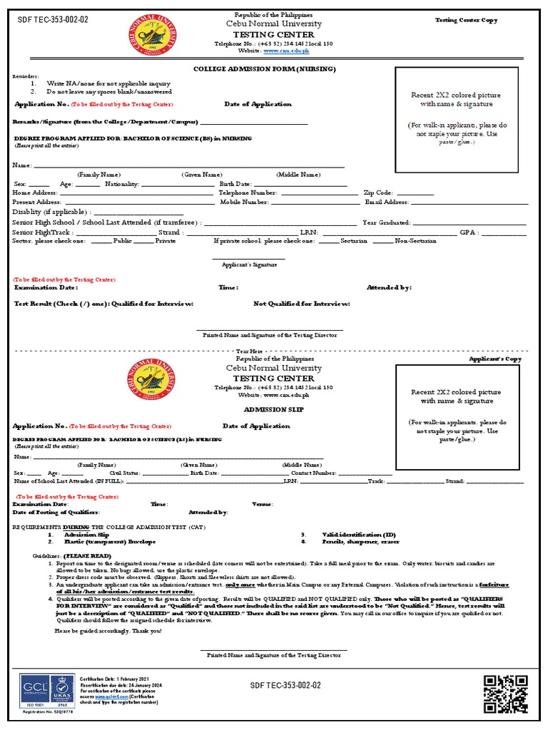 CNU Nursing Admission Application Form | PDF | University And College ...