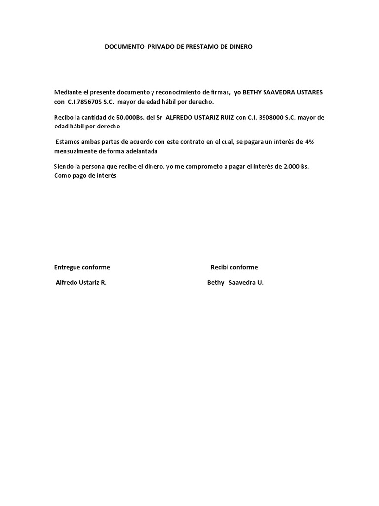 Contrato Privado de Préstamo de Dinero | PDF | Finanzas y dinero | Derecho