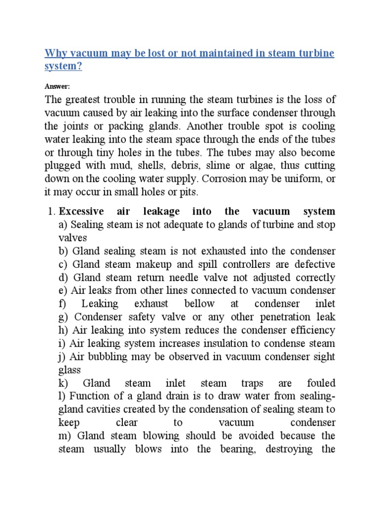 Causes and Effects of Vacuum Loss in Steam Turbine Systems and Methods