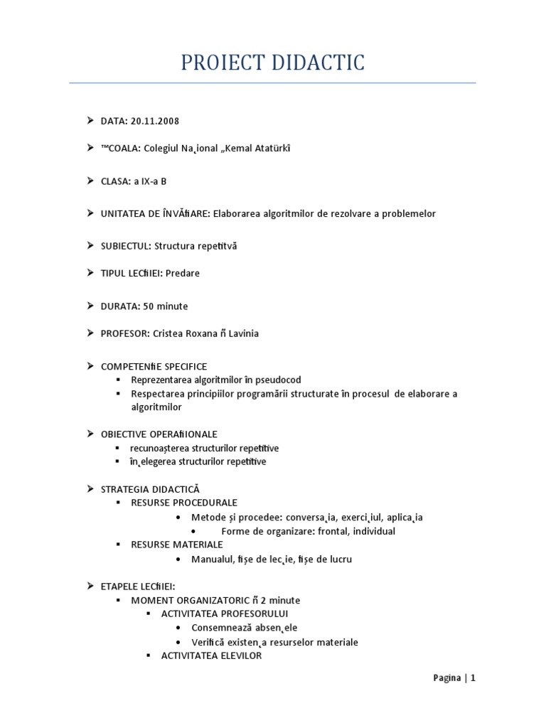 Proiect Didactic: Pagina - 1 | PDF
