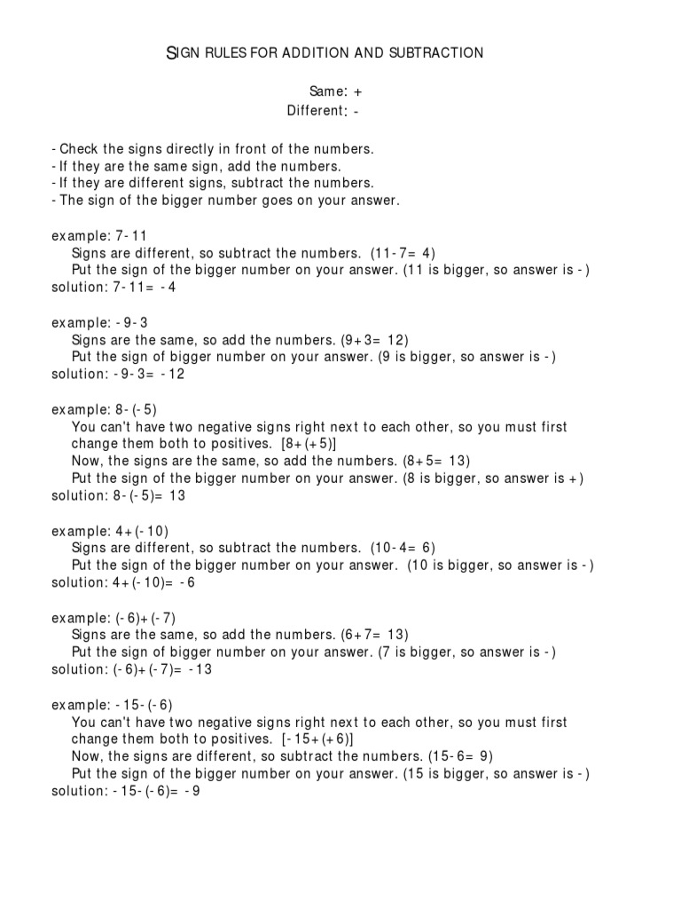 Add subtract multiply divide integer rules pdf numbers subtraction
