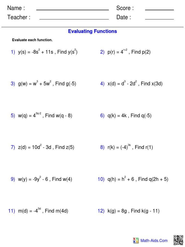 Evaluate Functions PDF Evaluate Functions PDF