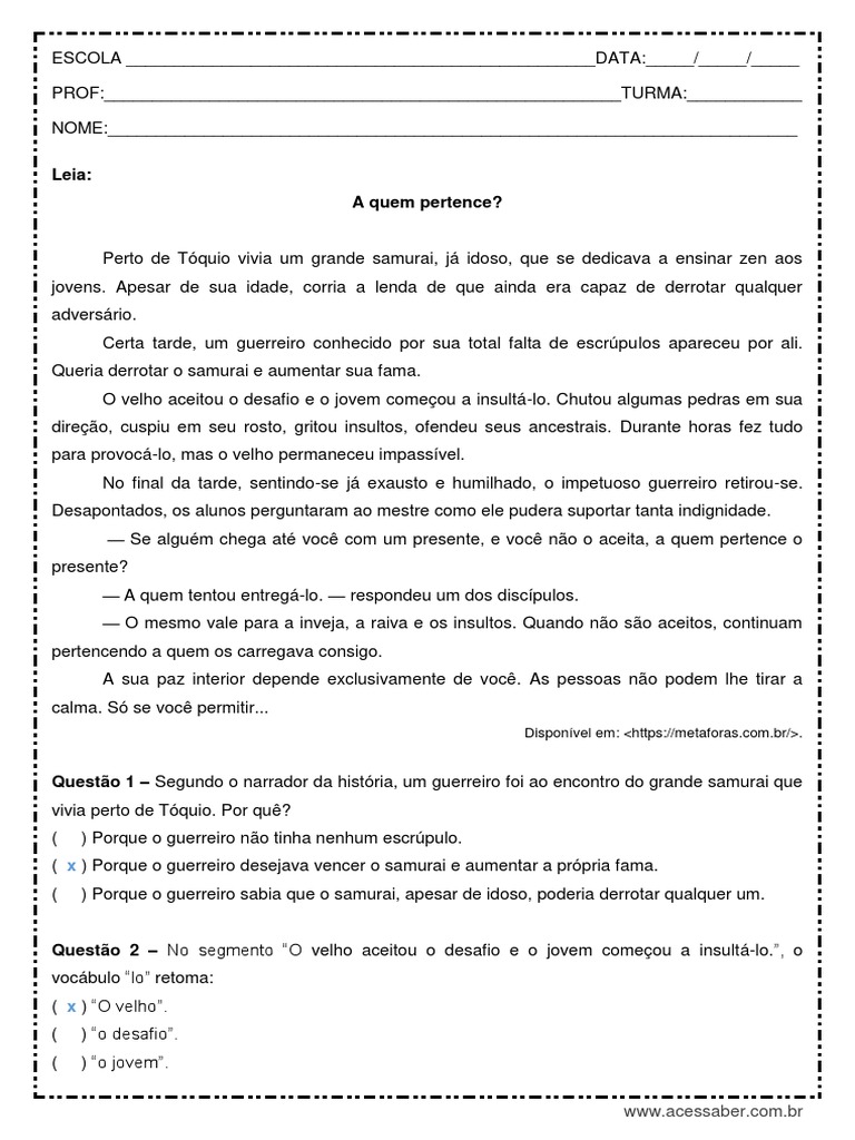 Interpretacao de Texto A Quem Pertence 7o Ano Respostas | PDF | Samurai