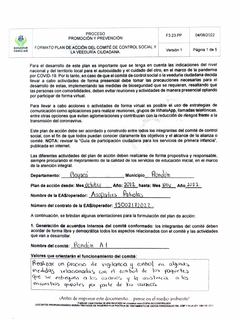 Plan de Acción para Control Social Comunitario | PDF | Planificación
