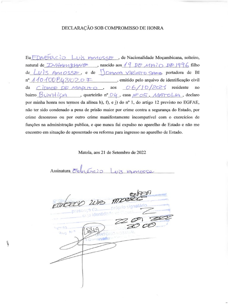 Declaracao De Compromisso De Honra Uniao De Facto Modelo