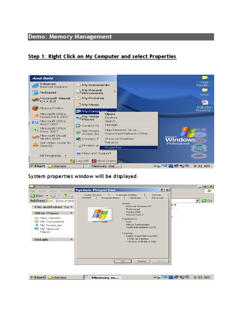 Demo: Memory Management: Step 1: Right Click On My Computer and Select ...