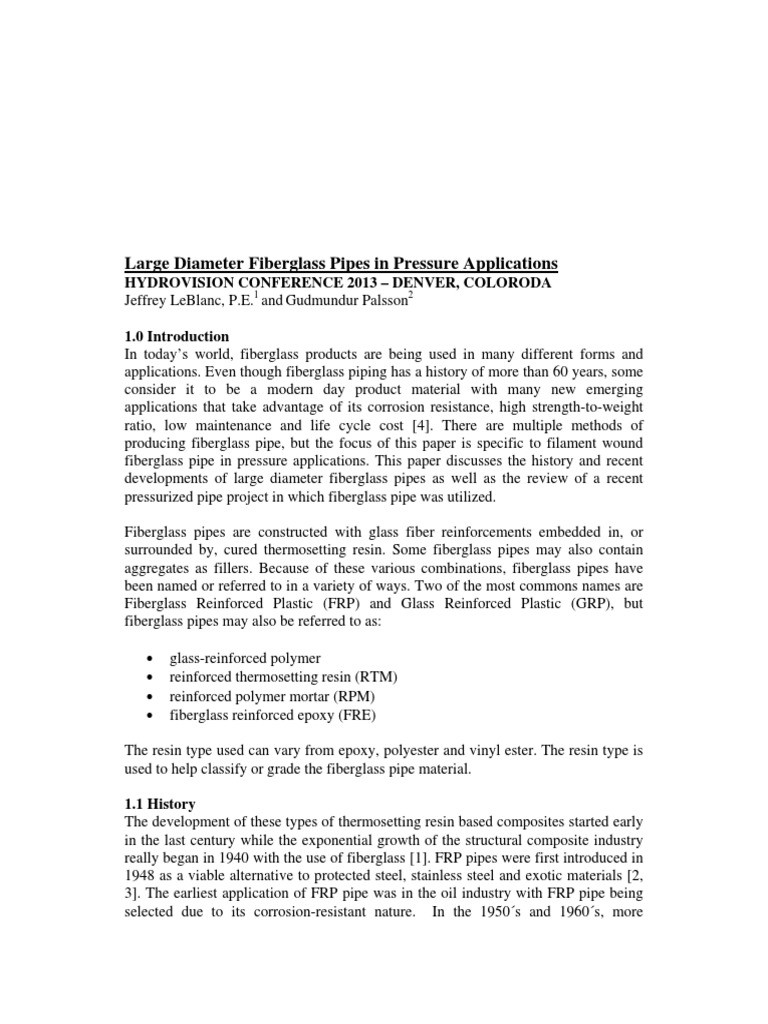 Hydrovision Large Diameter Fiberglass Pipes in Pressure Applications 022013 PDF Fiberglass