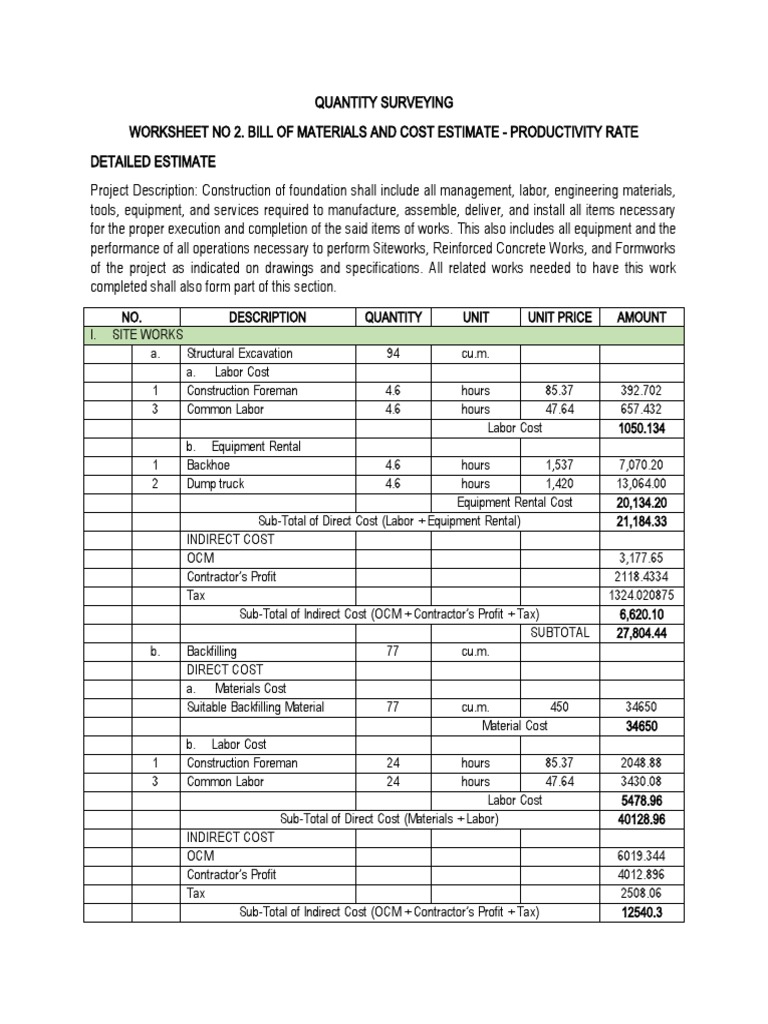 Foundation Quantity Surveying Productivity Rate PDF Economic
