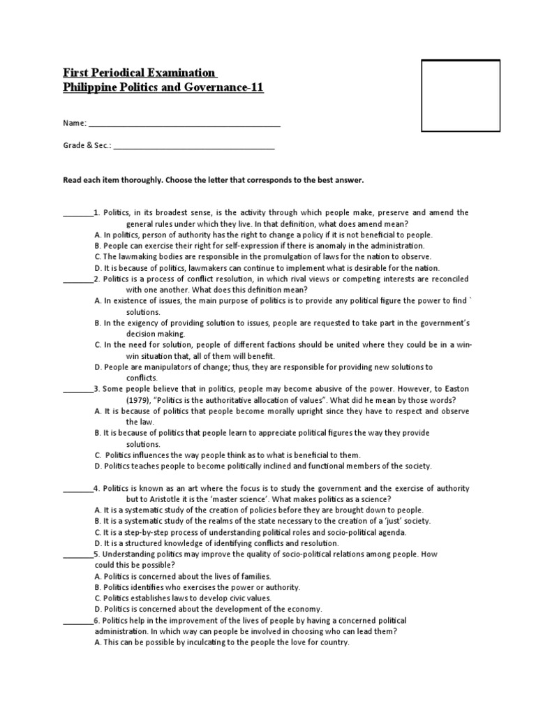 Philippine Politics and Governance Exam | PDF | Liberalism | Socialism