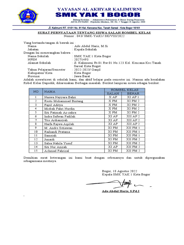 Surat Ket, Salah Rombel SMK PDF