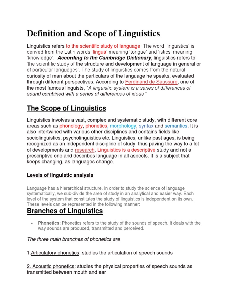 Definition and Scope of Linguistics PDF Linguistics Word