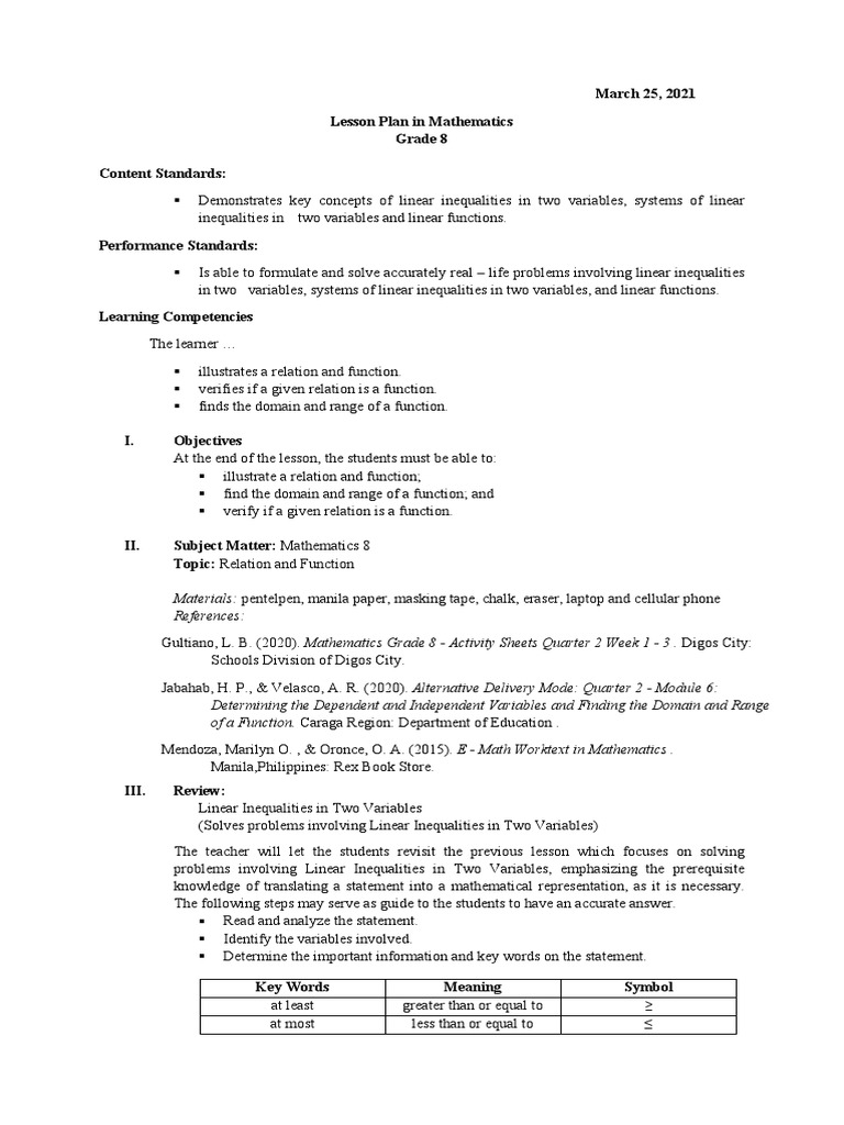 March 25, 2021 Lesson Plan in Mathematics Grade 8 Content Standards ...