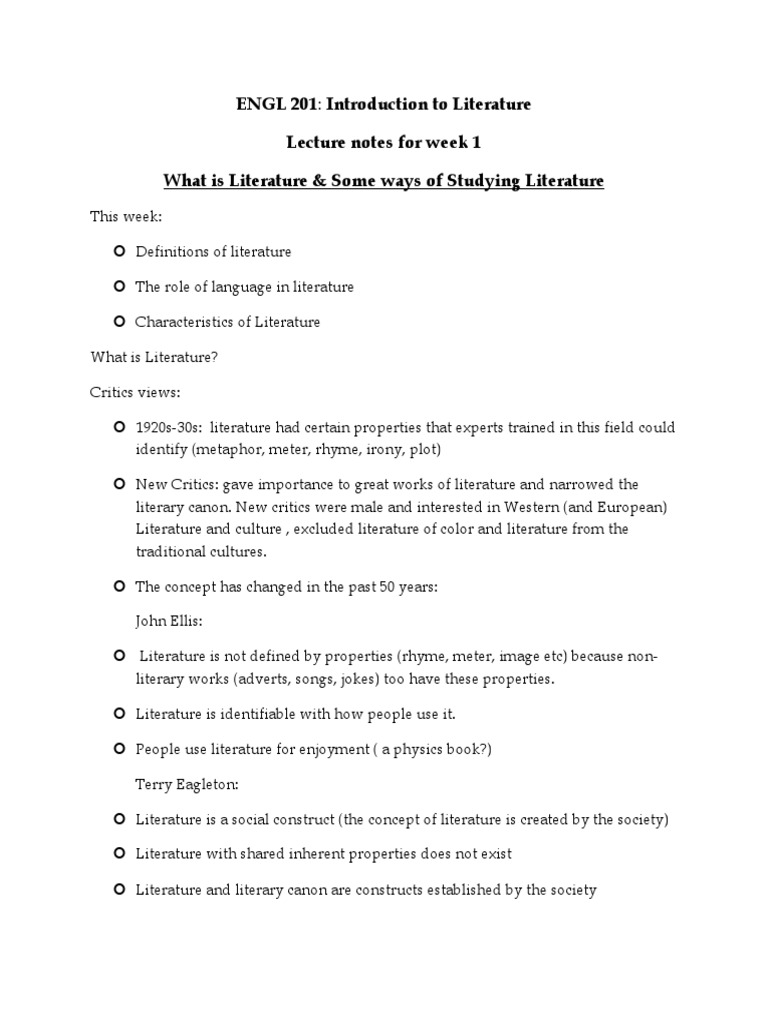 Engl 201 Lecture Notes Week 1 2 | PDF | Genre | Poetry