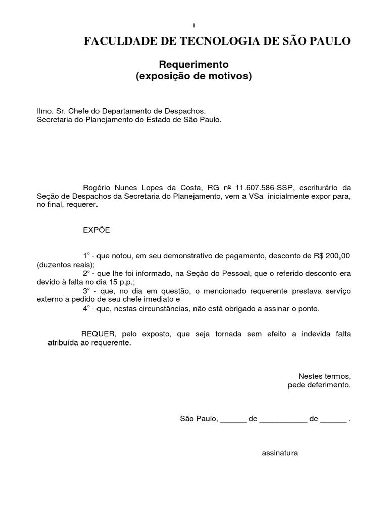 REQUERIMENTO COM EXPOSICAO DE MOTIVOS MODELO PDF