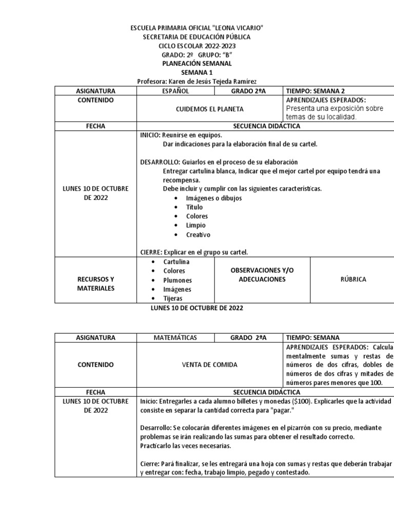 Planeación Semanal 2º Grado 2022-2023 | PDF | Educación primaria