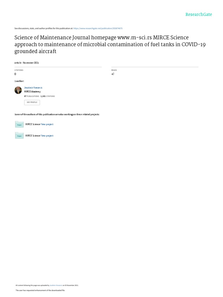 M I R C e Science Approach To Maintenance of Microbial Contamination of Fuel Tanks in C o V I d