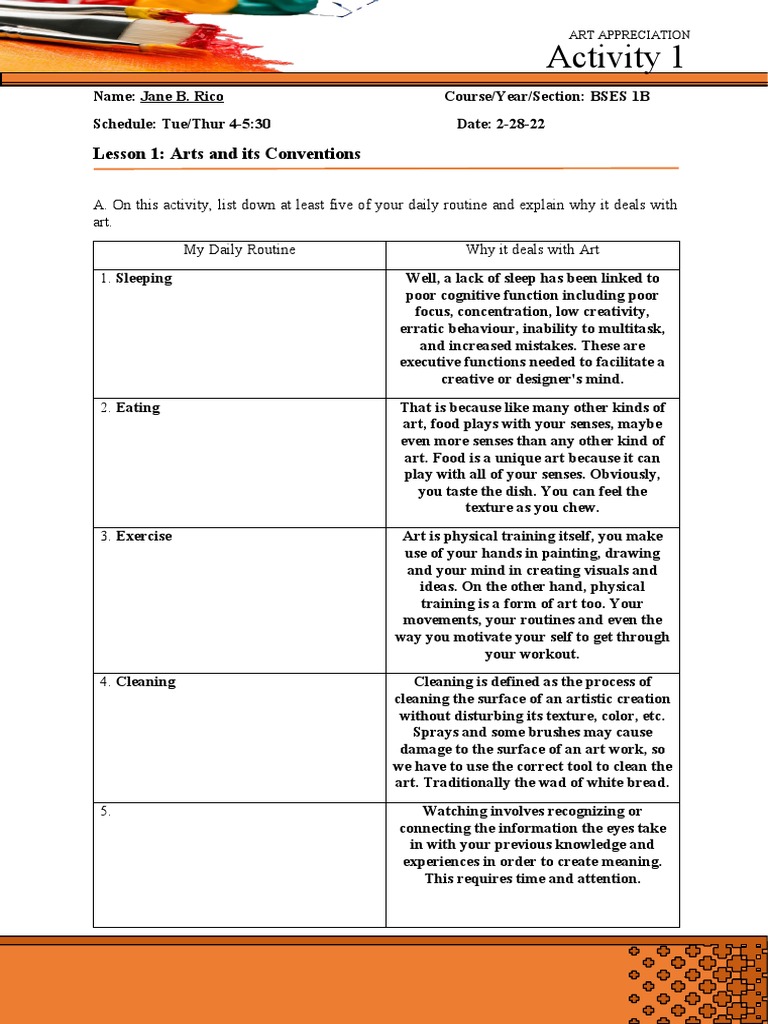 Lesson 1 Activity Pdf Experience The Arts