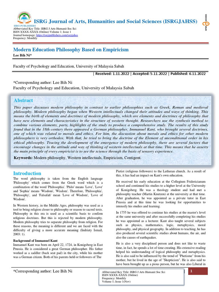 Modern Education Philosophy Based On Empiricism PDF Immanuel Kant