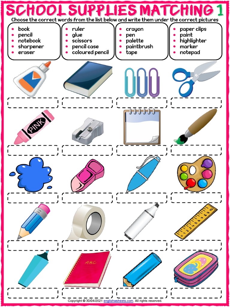 School Supplies Vocabulary Esl Matching Exercise Worksheets For Kids