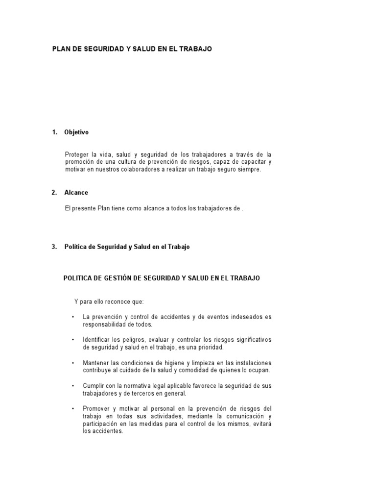 Plan de Seguridad y Salud Laboral | PDF | Seguridad y salud ocupacional ...