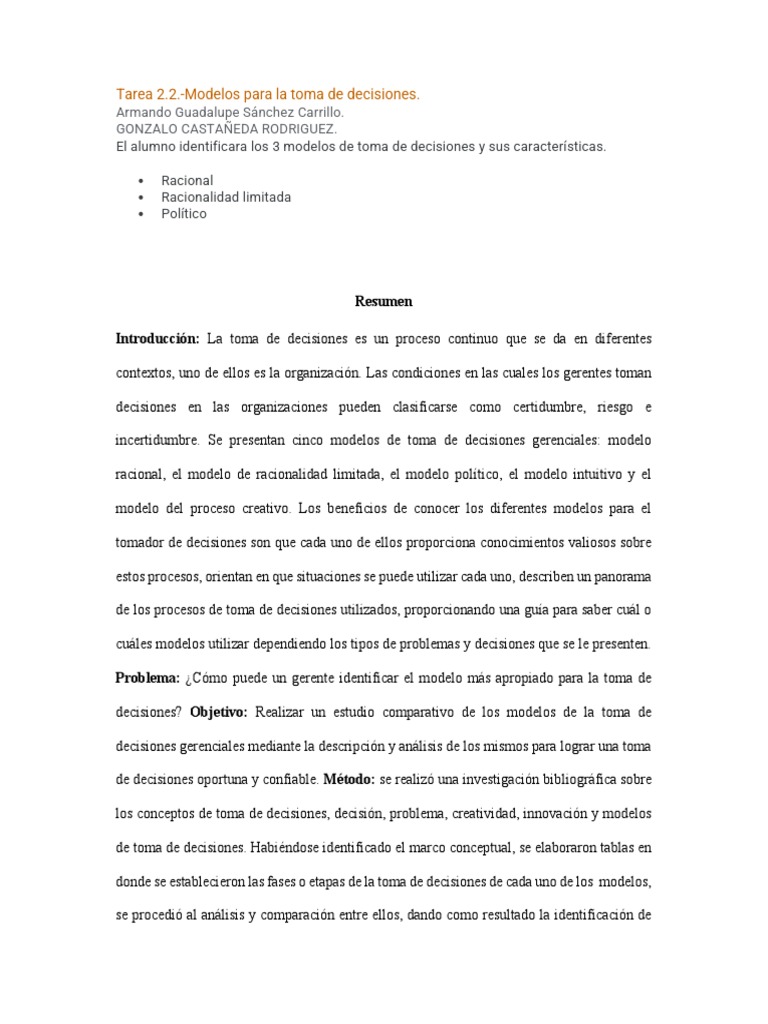 Modelos de Toma de Desiciones | PDF | Toma de decisiones | Racionalidad