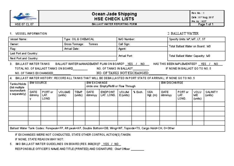 HSE CL 07 Ballast Water Reporting Form PDF