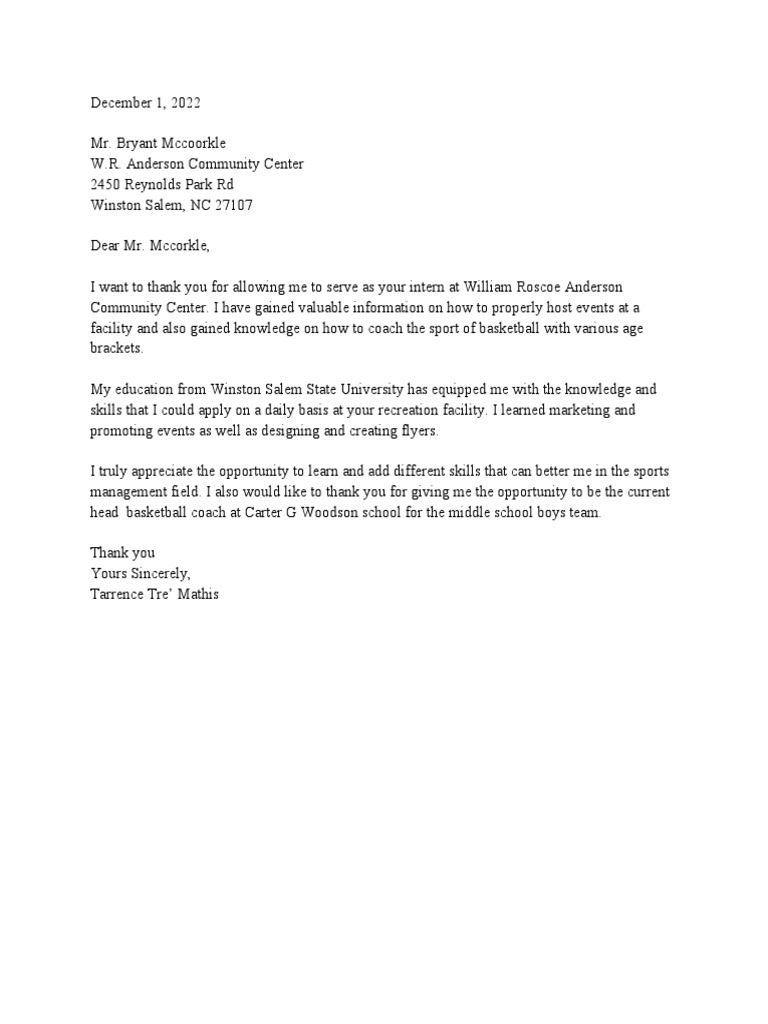 Internship Thank You Letter | PDF