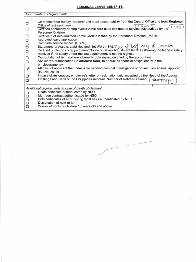 Terminal Leave Benefits Requirements | PDF | Affidavit | Business