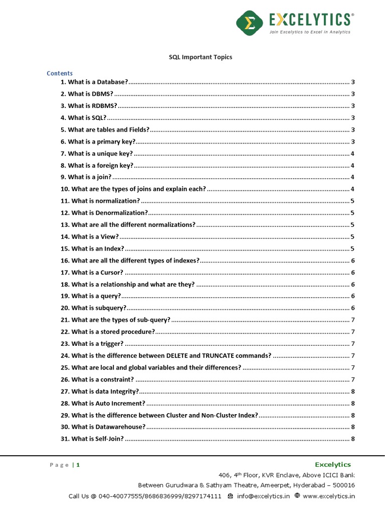 Sql Important Topics For Interview