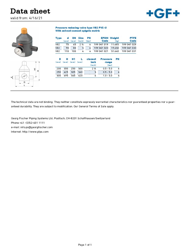 V82 PVC-U Pressure Reducing Valve Data | PDF