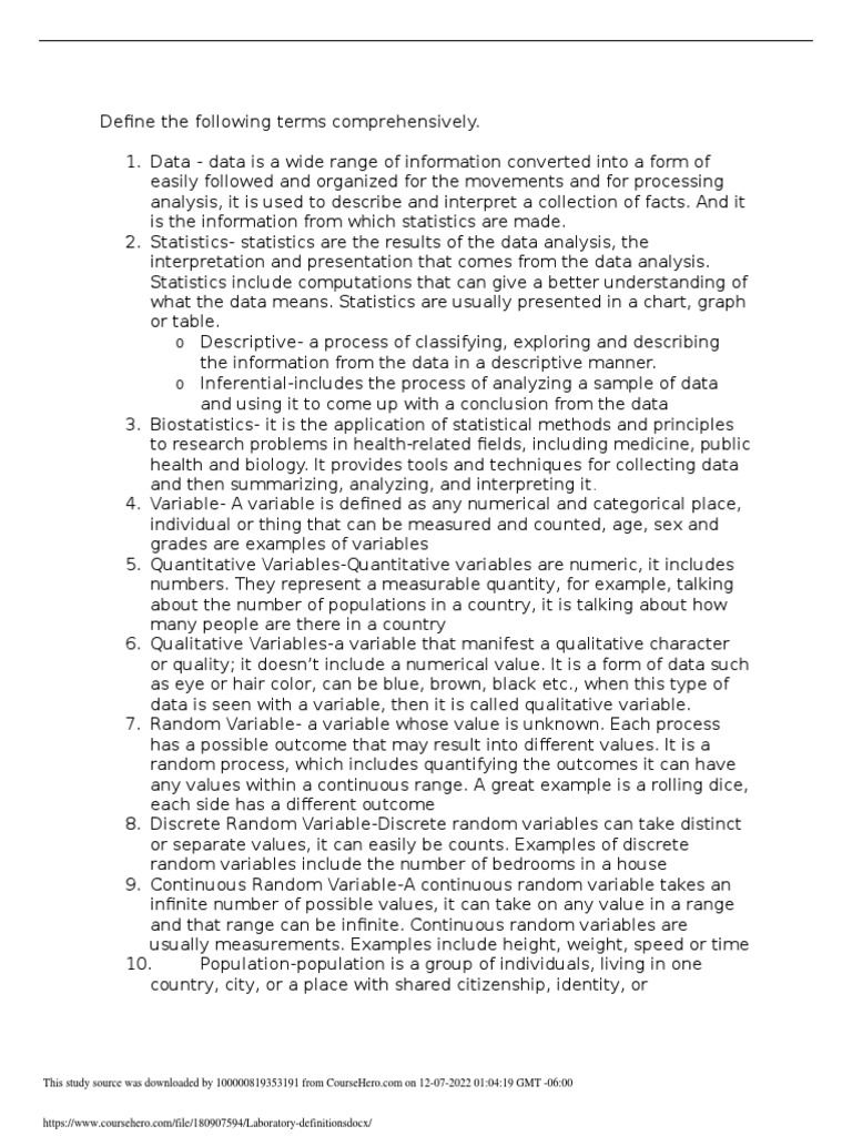 Laboratory Definitions PDF Statistics Data