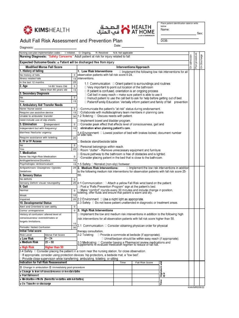 Adult Fall Risk Assessment Tool | PDF | Risk | Patient