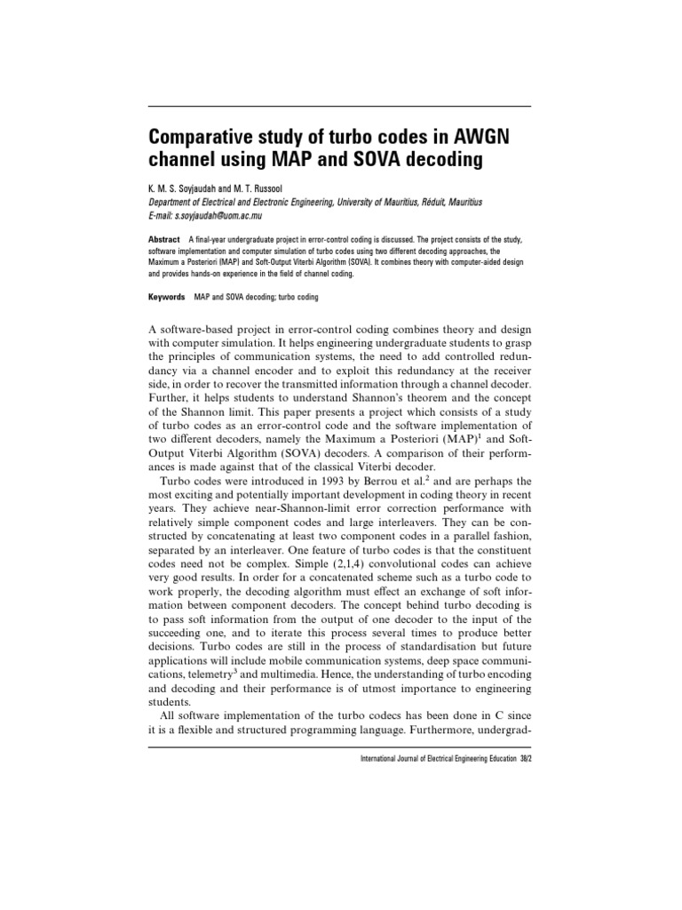 Comparative Study of Turbo Codes in AWGN Channel Using MAP and SOVA ...